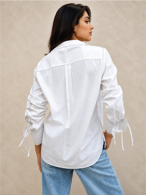 Pop Accent Shirt with Tie-Up Sleeves