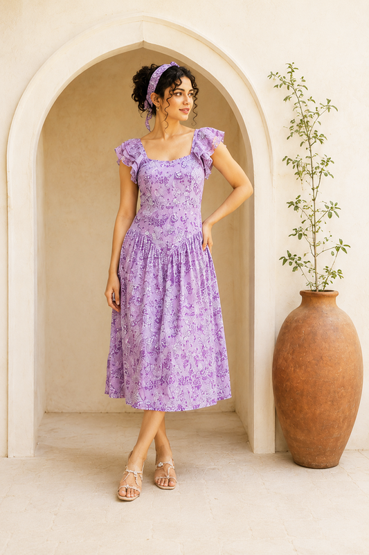 Lavender Floral Summer Cotton Midi Dress