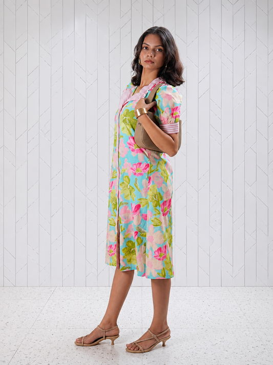 Floral Printed Cotton Shirt Dress for Women – Blossom Breeze