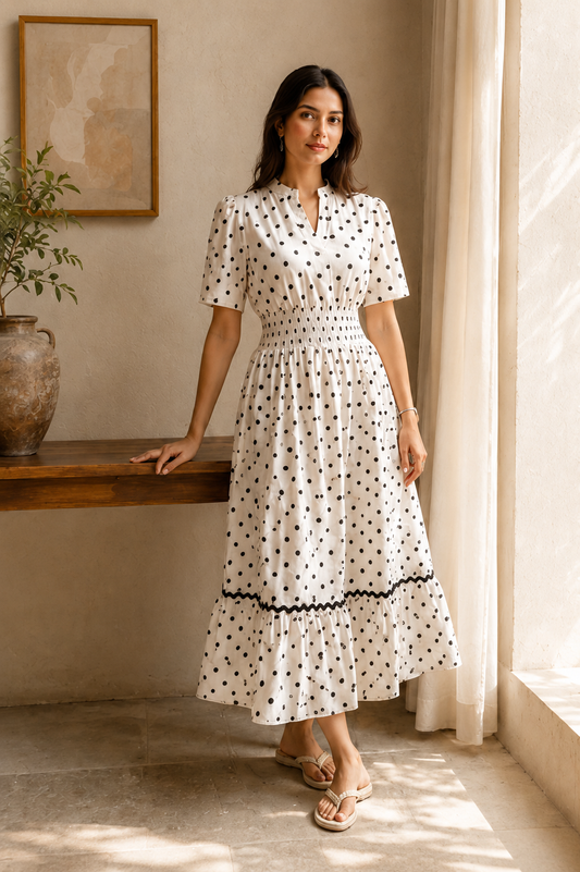 White Polka Dot Cotton Midi Dress