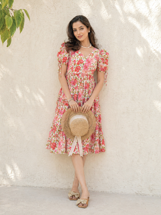 Pink Floral Midi Dress with Piping Detail