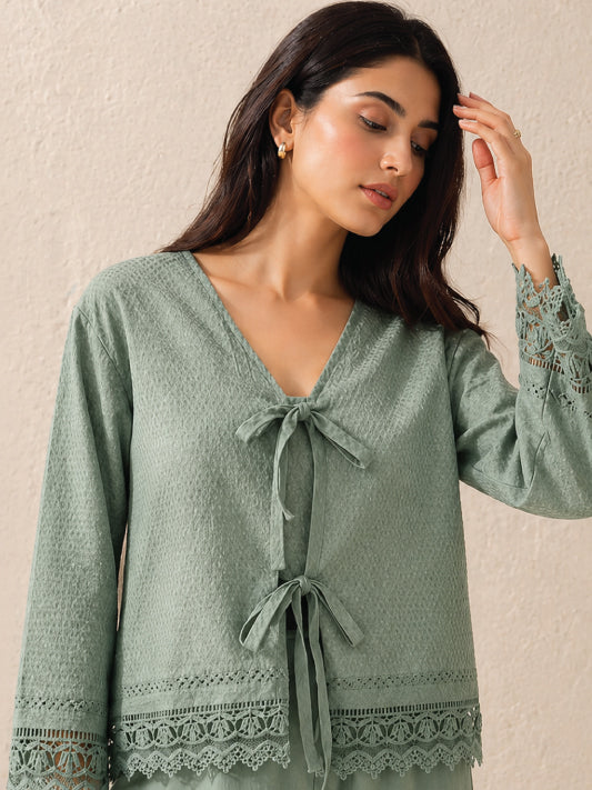Sage Elegance – Cotton Tie-Up Lace Top