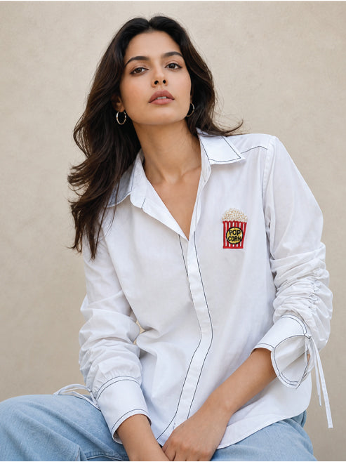 Pop Accent Shirt with Tie-Up Sleeves