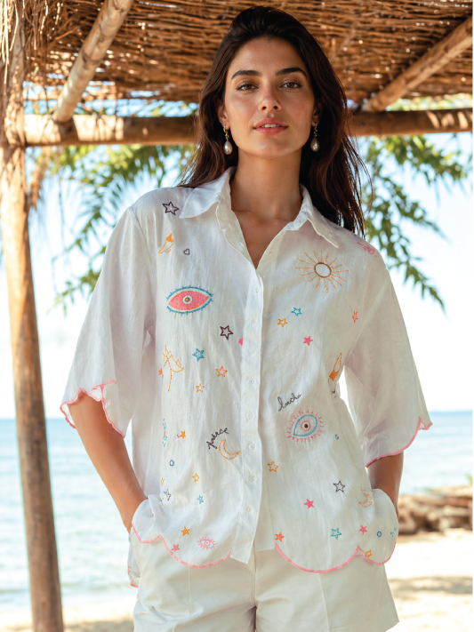 Ivory Celestial Embroidered Shirt with Scallop Hem