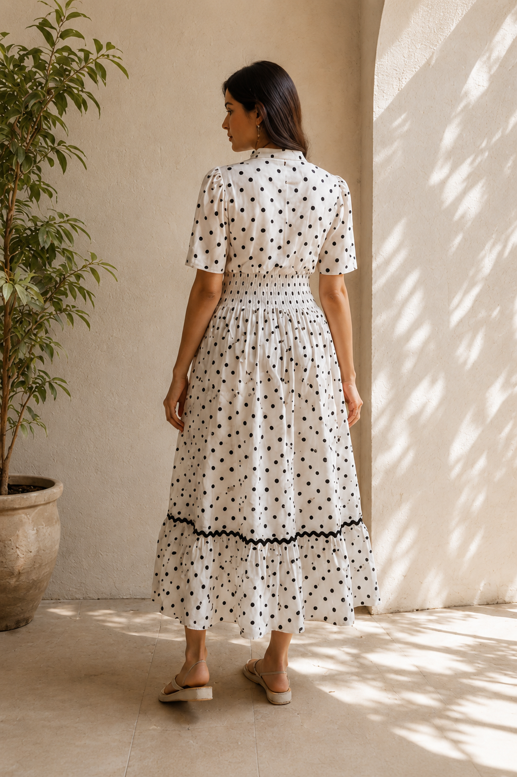 White Polka Dot Cotton Midi Dress