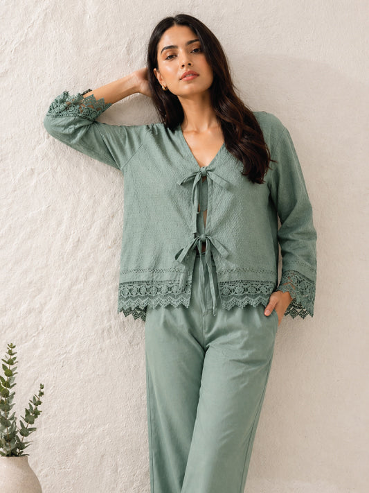Sage Elegance – Cotton Tie-Up Lace Top