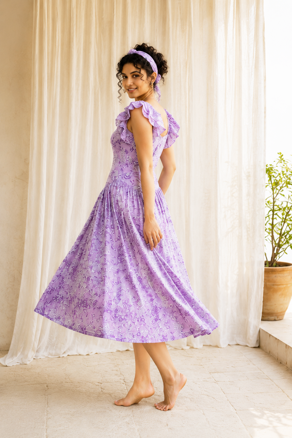 Lavender Floral Summer Cotton Midi Dress