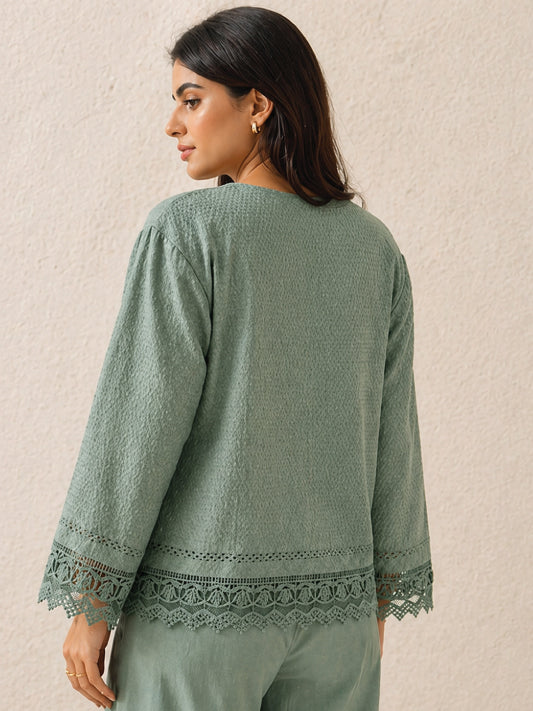 Sage Elegance – Cotton Tie-Up Lace Top
