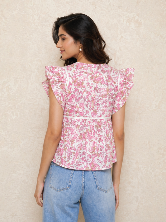 Blush Floral Panel Top with Lace Detail