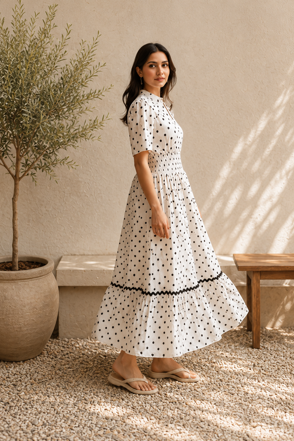 White Polka Dot Cotton Midi Dress