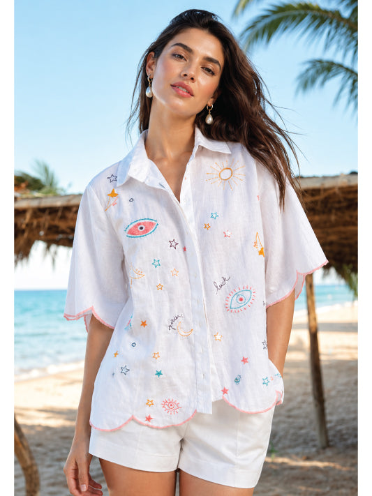 Ivory Celestial Embroidered Shirt with Scallop Hem