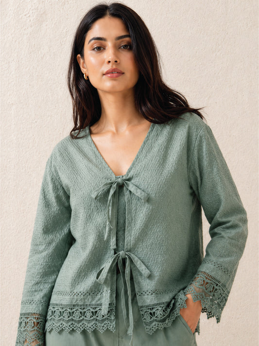 Sage Elegance – Cotton Tie-Up Lace Top