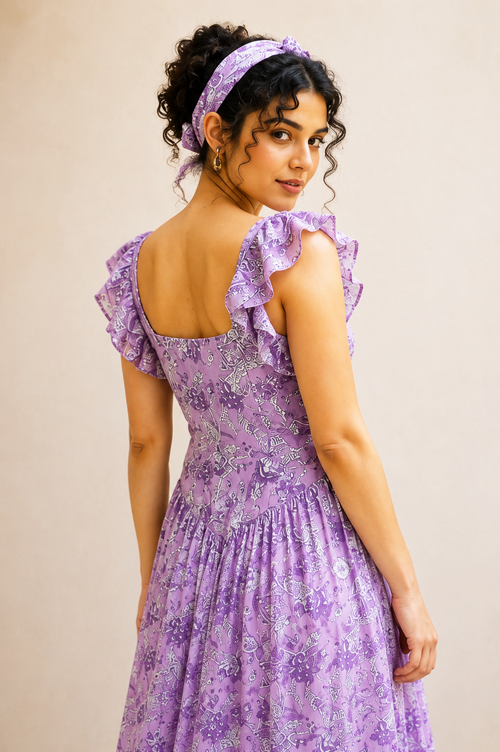 Lavender Floral Summer Cotton Midi Dress