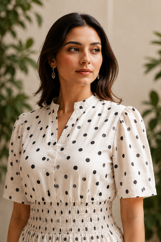 White Polka Dot Cotton Midi Dress