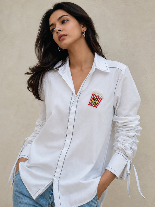 Pop Accent Shirt with Tie-Up Sleeves