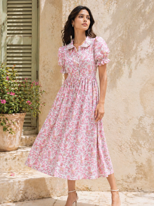 Blush Bloom Cotton Midi Dress with Pin Tuck and Lace details.