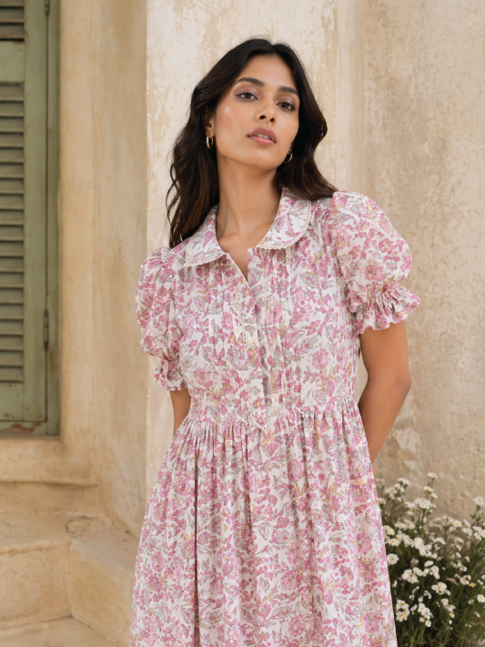 Blush Bloom Cotton Midi Dress with Pin Tuck and Lace details.