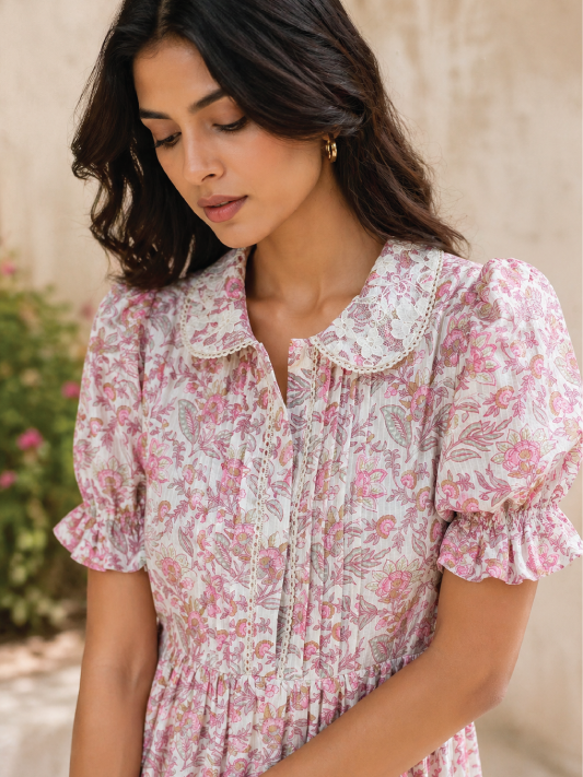 Blush Bloom Cotton Midi Dress with Pin Tuck and Lace details.